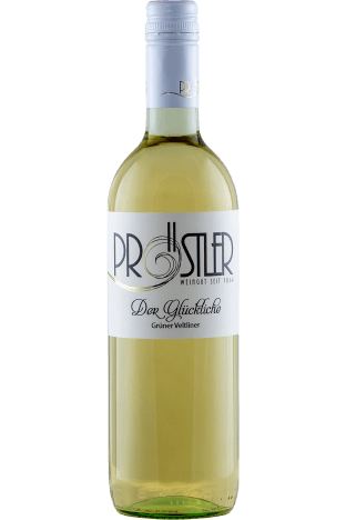 Die Weinflasche Grüner Veltliner "Der Glückliche", ein Riedenwein vom Weinbau Pröstler in Haugsdorf